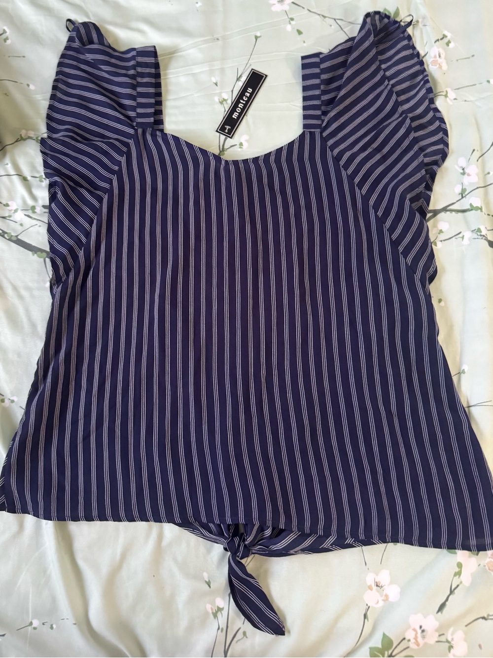 Monteau Navy and White Striped Tie-Front Crop Top